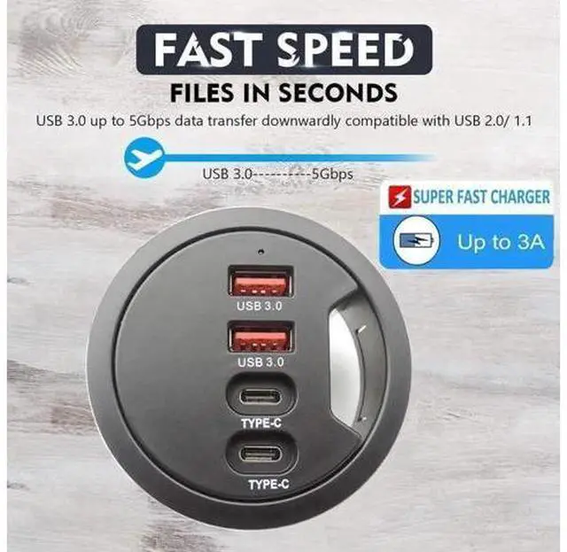 Alt view image 4 of 7 - 60mm/2.36 Inch Grommet Mount USB 3.0 Desk Hub, 2×USB-A + 2×USB-C Ports for Data & Charging, Table Hole Installation Splitter with 5V/2A External Power Adapter for Office Desks