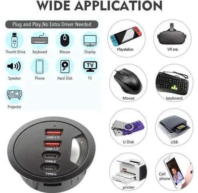 Alt view image 6 of 7 - 60mm/2.36 Inch Grommet Mount USB 3.0 Desk Hub, 2×USB-A + 2×USB-C Ports for Data & Charging, Table Hole Installation Splitter with 5V/2A External Power Adapter for Office Desks
