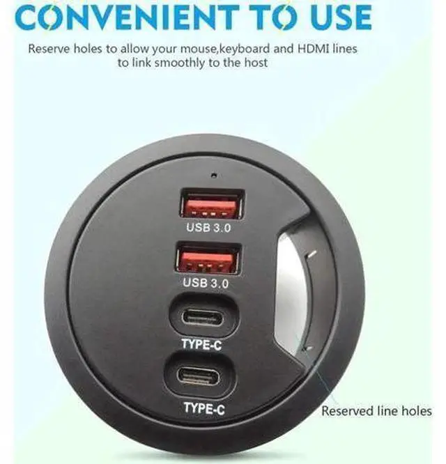 Alt view image 7 of 7 - 60mm/2.36 Inch Grommet Mount USB 3.0 Desk Hub, 2×USB-A + 2×USB-C Ports for Data & Charging, Table Hole Installation Splitter with 5V/2A External Power Adapter for Office Desks