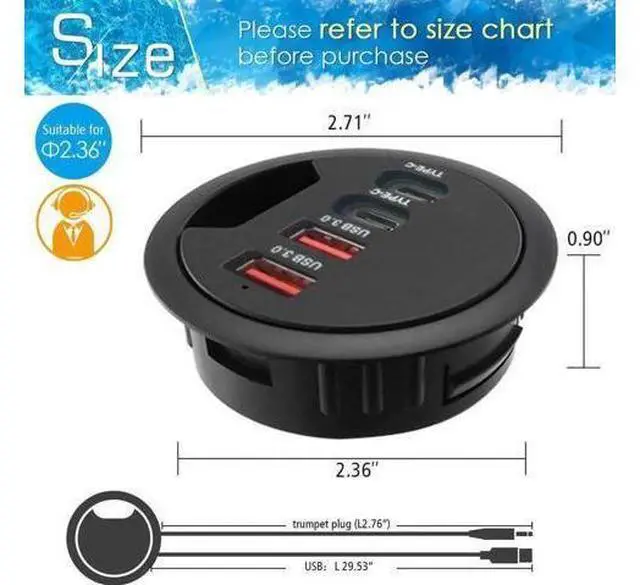 Alt view image 5 of 7 - 60mm/2.36 Inch Grommet Mount USB 3.0 Desk Hub, 2×USB-A + 2×USB-C Ports for Data & Charging, Table Hole Installation Splitter with 5V/2A External Power Adapter for Office Desks
