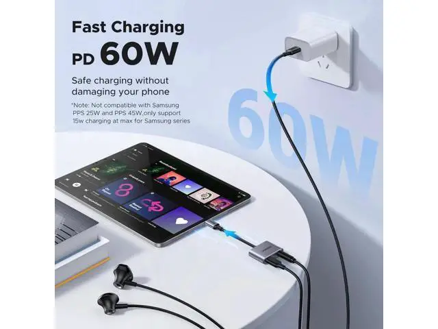 Alt view image 5 of 7 - UGREEN 2-in-1 USB-C to 3.5mm Audio & PD Charging Adapter, Type-C Aux Headphone Dongle with 60W Fast Charge, Compatible with Samsung S25 Ultra, iPad Pro, Switch 2