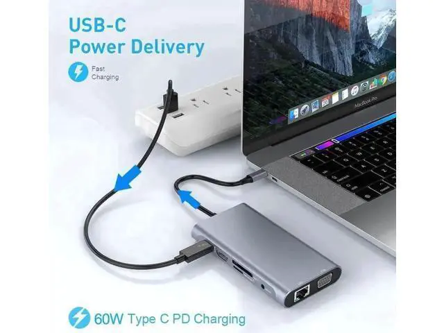 Alt view image 4 of 5 - 10-in-1 USB-C Multiport Hub Dock, 4K HDMI VGA Gigabit Ethernet 3×USB3.0 60W PD Charging 3.5mm Audio SD TF Card Reader Compatible with MacBook Pro/Air, Surface Pro 7 & All USB-C Laptops