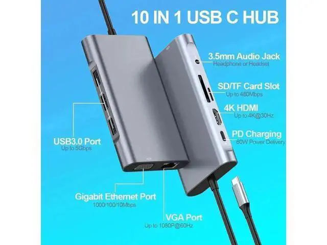 Alt view image 5 of 5 - 10-in-1 USB-C Multiport Hub Dock, 4K HDMI VGA Gigabit Ethernet 3×USB3.0 60W PD Charging 3.5mm Audio SD TF Card Reader Compatible with MacBook Pro/Air, Surface Pro 7 & All USB-C Laptops