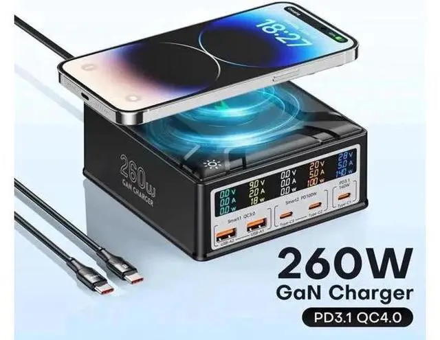 Main image of 260W GaN 5-Port USB-C Charging Station Cube Adapter with 15W Wireless Charger, 3USB-C + 2USB-A Desktop Charger Block, QC3.0 18W USB-A, 100W & 140W High Power Type-C Ports for Phones, Tablets & Laptops