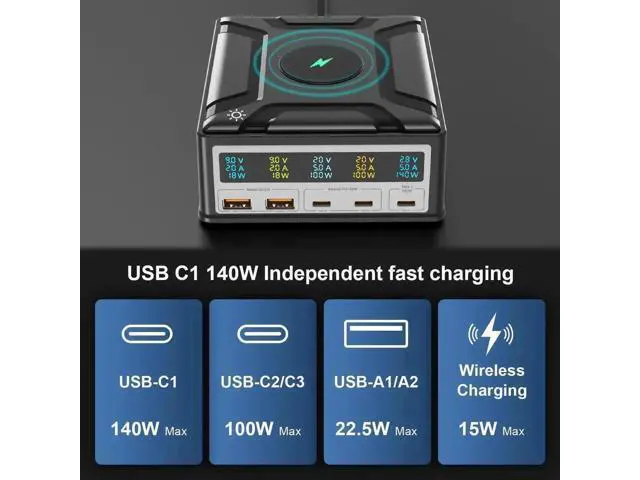 Alt view image 2 of 7 - 260W GaN 5-Port USB-C Charging Station Cube Adapter with 15W Wireless Charger, 3USB-C + 2USB-A Desktop Charger Block, QC3.0 18W USB-A, 100W & 140W High Power Type-C Ports for Phones, Tablets & Laptops