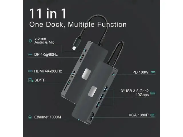 Alt view image 2 of 7 - 11-in-1 Triple Display USB C Docking Station, Multiport Laptop Hub with 4K HDMI, VGA, DP, 3×10Gbps USB3.2, Gigabit Ethernet, 100W PD Charging, SD & TF Card Reader for Type-C Laptops