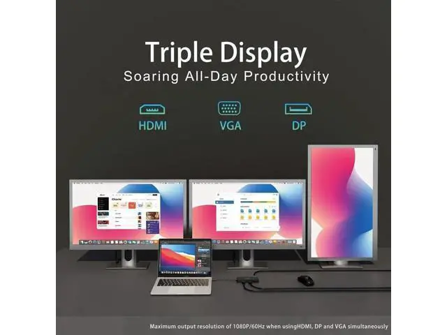 Alt view image 6 of 7 - 11-in-1 Triple Display USB C Docking Station, Multiport Laptop Hub with 4K HDMI, VGA, DP, 3×10Gbps USB3.2, Gigabit Ethernet, 100W PD Charging, SD & TF Card Reader for Type-C Laptops