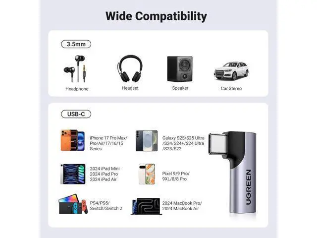 Alt view image 3 of 7 - UGREEN 2 Pack USB C to 3.5mm Audio Adapter, Right Angle Type C Aux Dongle with Built-in DAC Chip, HiFi Stereo & Mic Support, Compatible with iPhone 17/16/15 Pro Max/Plus, iPad Pro, Galaxy S25 Ultra, P