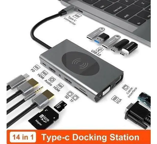 Main image of 14 in 1 USB C Multiport Hub Dongle, USB C Adapter with Dual HDMI, VGA, Gigabit Ethernet, 100W PD, 5 USB3.0, SD/TF Card Reader, Wireless Charger & 3.5mm Audio Jack for MacBook Pro All Type-C Laptops