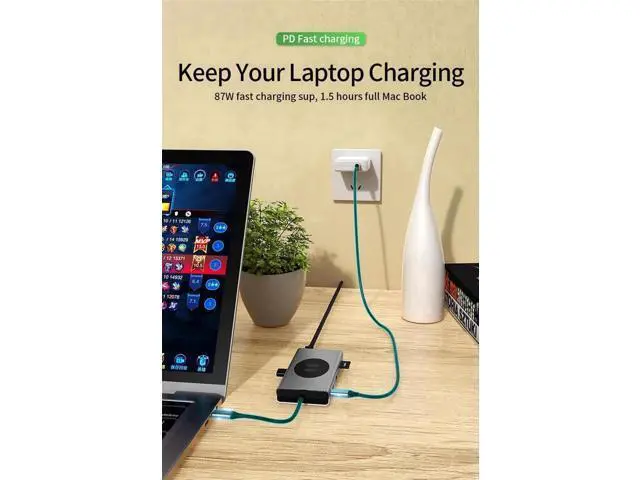Alt view image 3 of 7 - 14 in 1 USB C Multiport Hub Dongle, USB C Adapter with Dual HDMI, VGA, Gigabit Ethernet, 100W PD, 5 USB3.0, SD/TF Card Reader, Wireless Charger & 3.5mm Audio Jack for MacBook Pro All Type-C Laptops