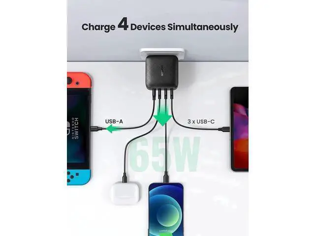 Alt view image 3 of 7 - 65W GaN 4-Port USB C Fast Charger PPS PD Type C Power Adapter Multi Port Fast Charging Block Compatible with MacBook Pro Air, iPhone, iPad Pro, Samsung Galaxy, Dell XPS & All USB-C Laptops