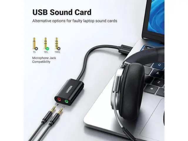 Alt view image 3 of 7 - UGREEN USB External Sound Card Adapter USB to Dual 3.5mm TRS Headphone Mic Aux Audio Converter