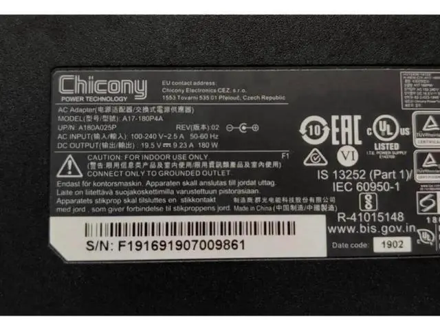 Alt view image 2 of 2 - 19.5V 9.23A 180W AC DC Power Adapter Replacement for Chicony A17-180P4A A15-180P1A, Compatible with CLEVO P950HR N850HP6 MSI GS63VR GE72VR GS65 Gaming Laptop Charger