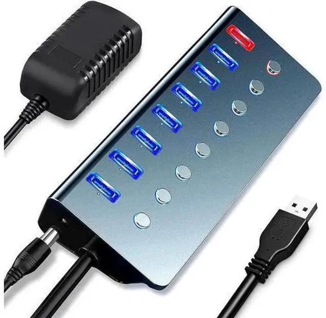 Main image of 7-Port Powered USB 3.0 Hub, 6 Data Ports + 1 Smart Charging Port, Multiport USB Expander with Independent On/Off Switches & 5V/3A Power Adapter, Compatible with Laptop, PC, Mac, MacBook Pro, PS4, Smar