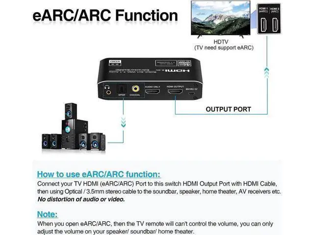 Alt view image 3 of 7 - 2x1 4K@60Hz HDMI 2.0b Switch with eARC Audio Extractor & Remote, HDMI Audio Converter Support 7.1CH Dolby Atmos, ARC/eARC, Optical SPDIF, Coaxial & 3.5mm Stereo Out, HDCP2.3 Compliant