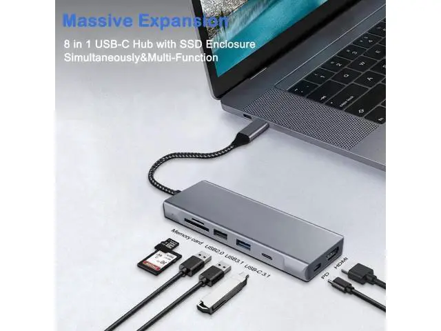 Alt view image 5 of 7 - 8 in 1 USB C Hub with M.2 NVMe SATA SSD Enclosure, PCIe 3.0 NVMe & 2.5 Inch SATA HDD Reader, 4K HDMI, 10Gbps USB 3.1, USB 2.0, SD TF Card Reader, 100W PD Charging Multiport Adapter for Type-C Laptops