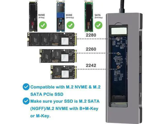 Alt view image 2 of 7 - 8 in 1 USB C Hub with M.2 NVMe SATA SSD Enclosure, PCIe 3.0 NVMe & 2.5 Inch SATA HDD Reader, 4K HDMI, 10Gbps USB 3.1, USB 2.0, SD TF Card Reader, 100W PD Charging Multiport Adapter for Type-C Laptops