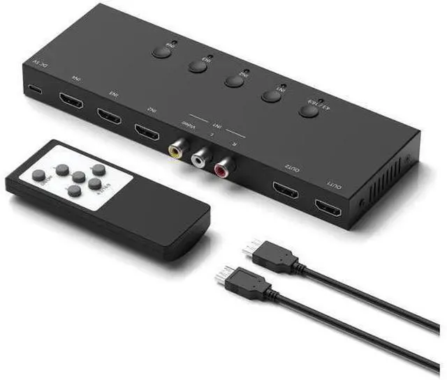 Main image of 3 HDMI 2.0 + 1 RCA Input to 2 HDMI Output Converter Switch Splitter, Simultaneous Dual Display, Aspect Ratio 4:3/16:9 Adjustable, Compatible with N64, NGC, Wii, Xbox, PS2/3/4/5, Switch, Apple TV, Fire