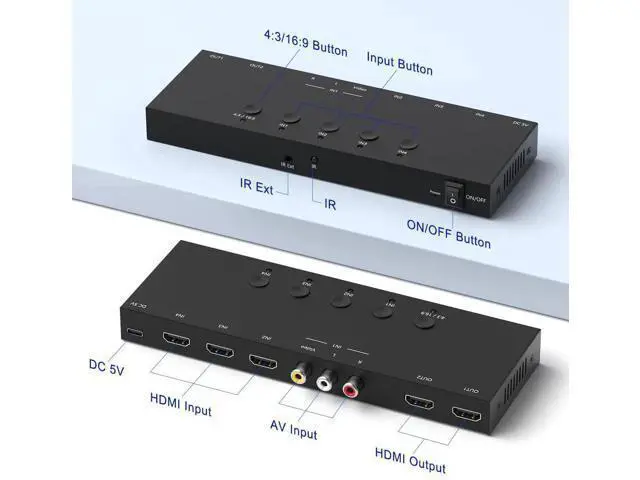 Alt view image 4 of 7 - 3 HDMI 2.0 + 1 RCA Input to 2 HDMI Output Converter Switch Splitter, Simultaneous Dual Display, Aspect Ratio 4:3/16:9 Adjustable, Compatible with N64, NGC, Wii, Xbox, PS2/3/4/5, Switch, Apple TV, Fire
