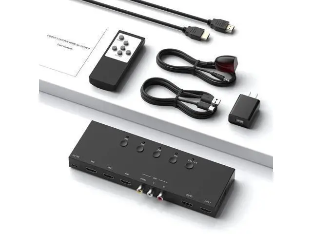 Alt view image 5 of 7 - 3 HDMI 2.0 + 1 RCA Input to 2 HDMI Output Converter Switch Splitter, Simultaneous Dual Display, Aspect Ratio 4:3/16:9 Adjustable, Compatible with N64, NGC, Wii, Xbox, PS2/3/4/5, Switch, Apple TV, Fire