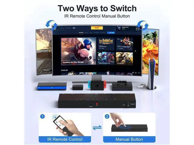 Alt view image 7 of 7 - 3 HDMI 2.0 + 1 RCA Input to 2 HDMI Output Converter Switch Splitter, Simultaneous Dual Display, Aspect Ratio 4:3/16:9 Adjustable, Compatible with N64, NGC, Wii, Xbox, PS2/3/4/5, Switch, Apple TV, Fire