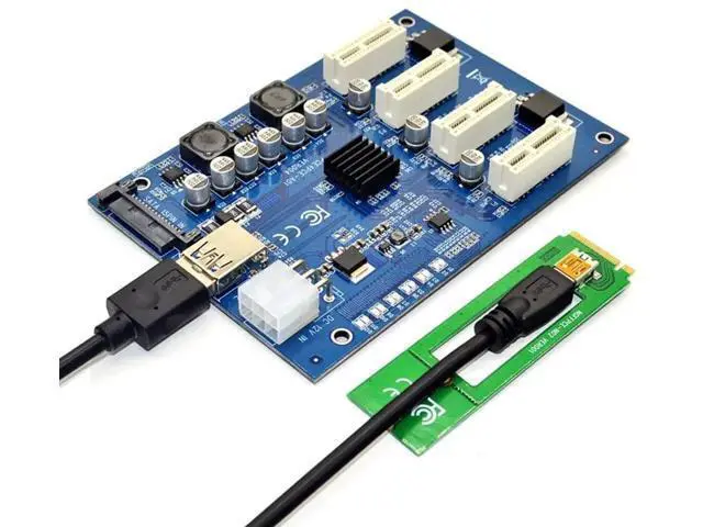 Alt view image 2 of 4 - M.2 M Key to 4 PCIe X16 Mining Multiplier HUB, 1 to 4 Port PCI Express Switch Riser Card with 6Pin SATA & USB Power Interface, Multi-GPU Expansion Adapter for BTC ETH Ethereum Mining Rig