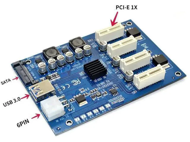 Alt view image 4 of 4 - M.2 M Key to 4 PCIe X16 Mining Multiplier HUB, 1 to 4 Port PCI Express Switch Riser Card with 6Pin SATA & USB Power Interface, Multi-GPU Expansion Adapter for BTC ETH Ethereum Mining Rig