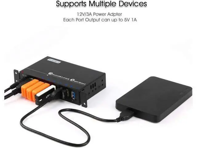 Alt view image 4 of 6 - Aluminum 7-Port Powered USB 3.0 Splitter Hub, SuperSpeed 5Gbps Data Transfer, 12V 3A 36W Power Adapter, Mounting Bracket & LED Indicator Lights, Black Desktop Industrial USB Hub