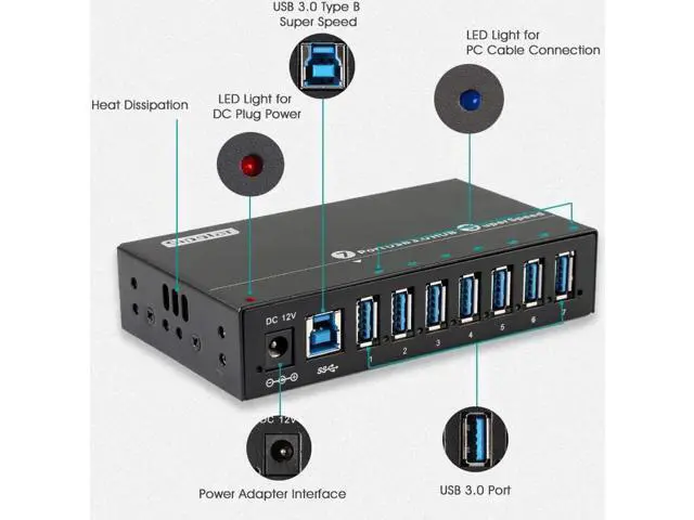 Alt view image 6 of 6 - Aluminum 7-Port Powered USB 3.0 Splitter Hub, SuperSpeed 5Gbps Data Transfer, 12V 3A 36W Power Adapter, Mounting Bracket & LED Indicator Lights, Black Desktop Industrial USB Hub