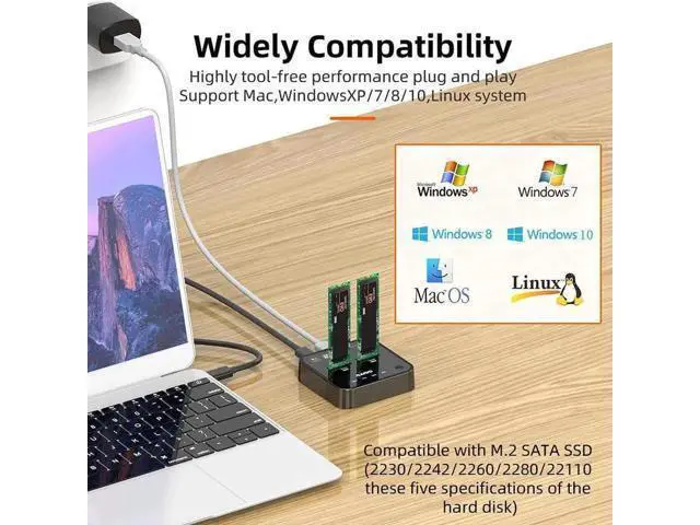 Alt view image 4 of 6 - New Upgraded 2-Bay Tool-Free M.2 SATA Docking Station, Type-C 5Gbps B+M Key SSD Enclosure with Offline Clone & One-Click System Disk Copy