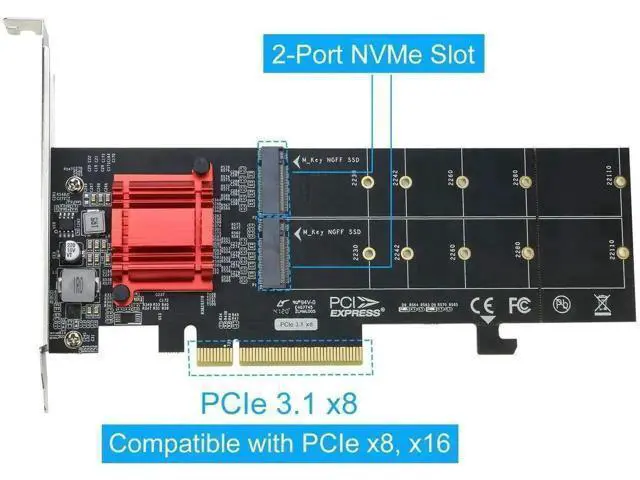 Alt view image 4 of 5 - Dual M.2 NVMe PCIe 3.1 Expansion Adapter Card, PCI-E X8/X16 to 2-Port M Key NVMe SSD Converter, Support 2230/2242/2260/2280/22110 Size NGFF Drives