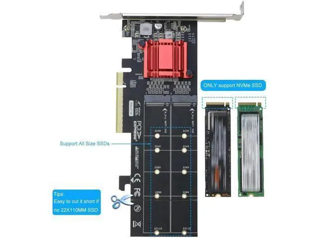 Alt view image 3 of 5 - Dual M.2 NVMe PCIe 3.1 Expansion Adapter Card, PCI-E X8/X16 to 2-Port M Key NVMe SSD Converter, Support 2230/2242/2260/2280/22110 Size NGFF Drives