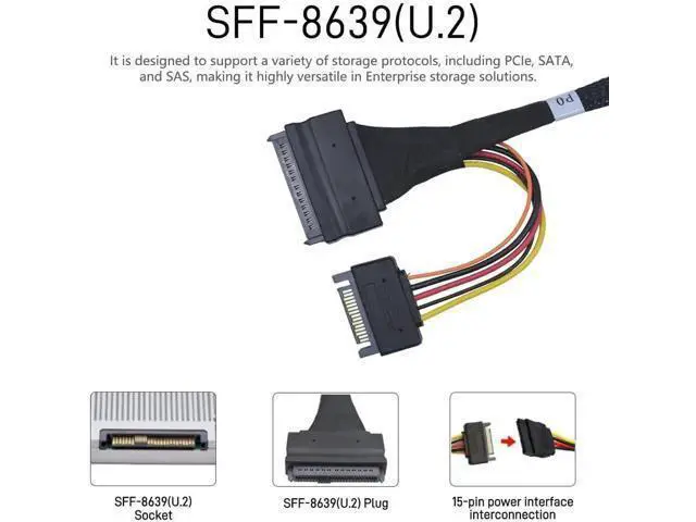 Alt view image 6 of 6 - PCIe 4.0 MCIO x8 to Dual SFF-8639 U.2 NVMe SSD Converter Cable with 15Pin SATA Power, 3.3ft/100cm Internal Storage Cord for Server Workstation RAID NAS