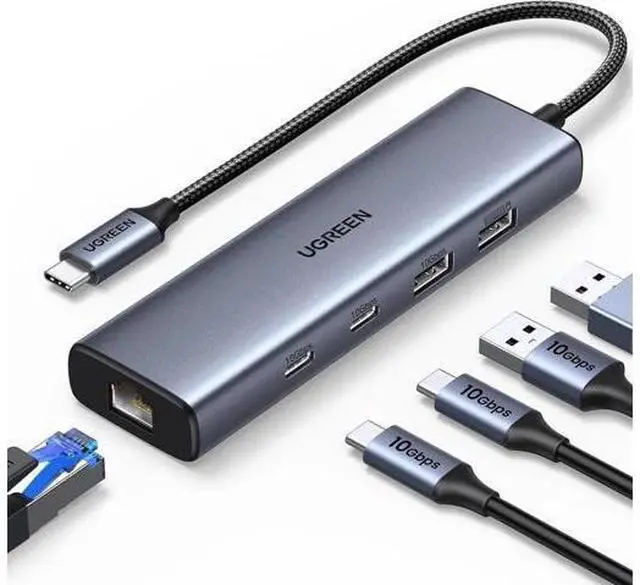 Main image of UGREEN 6-in-1 USB C to Gigabit Ethernet Hub Dongle, USB C Multiport Adapter with 10Gbps USB-C 3.2 ×2, USB-A 3.2/2.0, RJ45 LAN, Dedicated Power Port, Compatible with MacBook, Dell XPS, USB C Laptops