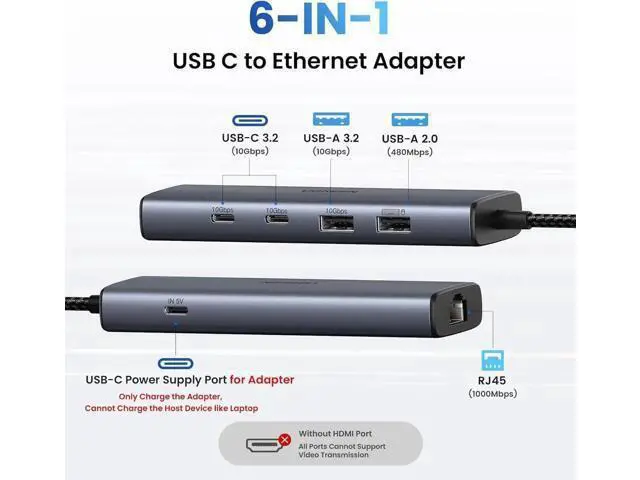 Alt view image 5 of 7 - UGREEN 6-in-1 USB C to Gigabit Ethernet Hub Dongle, USB C Multiport Adapter with 10Gbps USB-C 3.2 ×2, USB-A 3.2/2.0, RJ45 LAN, Dedicated Power Port, Compatible with MacBook, Dell XPS, USB C Laptops