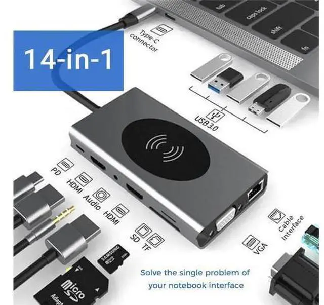 Main image of USB C Docking Station with Dual HDMI, VGA, Qi Wireless Charging, 5×USB3.0, Gigabit Ethernet, 100W PD, SD/TF Card Reader & 3.5mm Audio Jack, Multiport Adapter Compatible with HP, Dell and All Type-C La