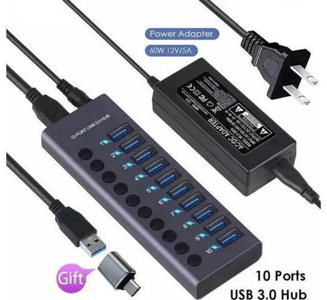 Main image of 10 Port Powered USB 3.0 Hub Splitter with Independent LED On/Off Switches, High Speed Data Transfer USB Hub with Power Adapter for Mac, PC Desktop & Laptop