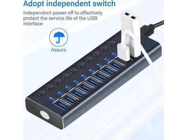 Alt view image 2 of 7 - 10 Port Powered USB 3.0 Hub Splitter with Independent LED On/Off Switches, High Speed Data Transfer USB Hub with Power Adapter for Mac, PC Desktop & Laptop