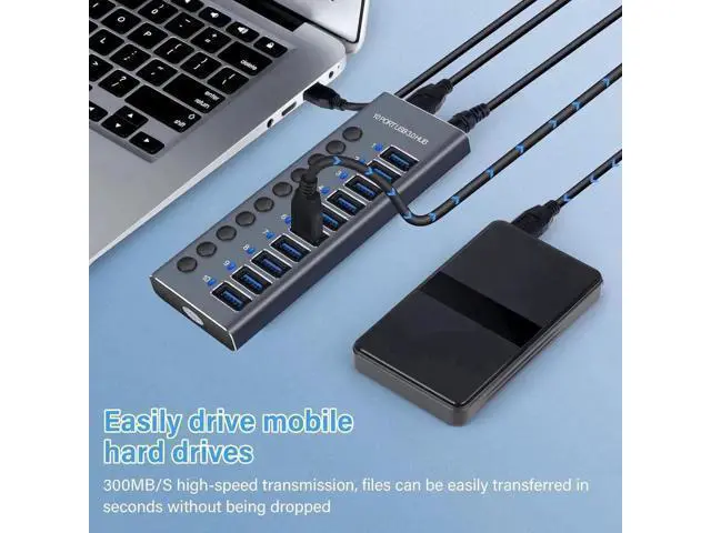 Alt view image 3 of 7 - 10 Port Powered USB 3.0 Hub Splitter with Independent LED On/Off Switches, High Speed Data Transfer USB Hub with Power Adapter for Mac, PC Desktop & Laptop