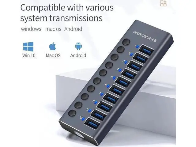 Alt view image 4 of 7 - 10 Port Powered USB 3.0 Hub Splitter with Independent LED On/Off Switches, High Speed Data Transfer USB Hub with Power Adapter for Mac, PC Desktop & Laptop