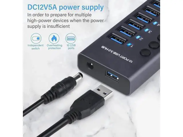 Alt view image 6 of 7 - 10 Port Powered USB 3.0 Hub Splitter with Independent LED On/Off Switches, High Speed Data Transfer USB Hub with Power Adapter for Mac, PC Desktop & Laptop