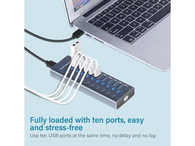 Alt view image 7 of 7 - 10 Port Powered USB 3.0 Hub Splitter with Independent LED On/Off Switches, High Speed Data Transfer USB Hub with Power Adapter for Mac, PC Desktop & Laptop