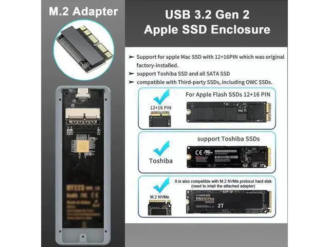 Alt view image 4 of 7 - USB3.2 MacBook SSD Enclosure with M.2 Adapter, Fit 12+16Pin 2013-2017 Apple Original SSD