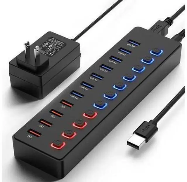 Main image of 11-Port Powered USB 3.0 Hub Splitter, 7 USB3.0 High-Speed Data Ports + 4 Smart Charging Ports, Independent On/Off Switches with 12V Power Adapter, USB Expander Compatible with MacBook, Mac, PC & Lapto