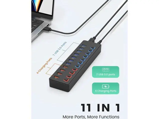 Alt view image 2 of 7 - 11-Port Powered USB 3.0 Hub Splitter, 7 USB3.0 High-Speed Data Ports + 4 Smart Charging Ports, Independent On/Off Switches with 12V Power Adapter, USB Expander Compatible with MacBook, Mac, PC & Lapto