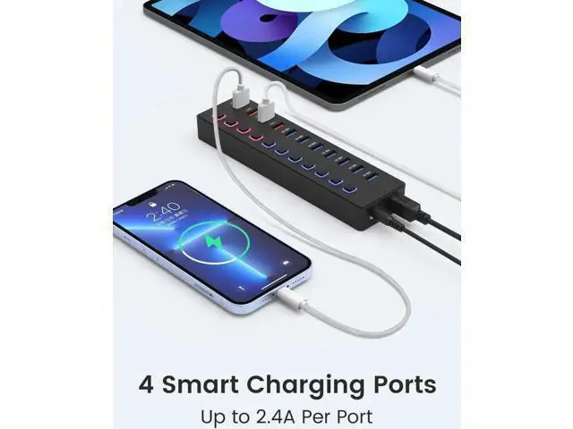 Alt view image 3 of 7 - 11-Port Powered USB 3.0 Hub Splitter, 7 USB3.0 High-Speed Data Ports + 4 Smart Charging Ports, Independent On/Off Switches with 12V Power Adapter, USB Expander Compatible with MacBook, Mac, PC & Lapto