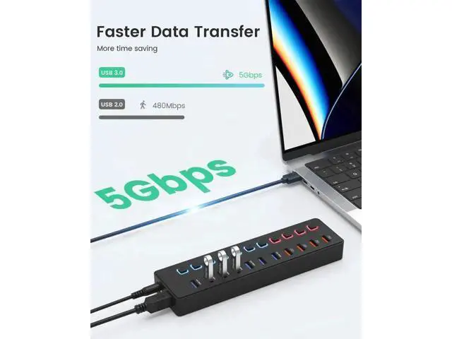 Alt view image 5 of 7 - 11-Port Powered USB 3.0 Hub Splitter, 7 USB3.0 High-Speed Data Ports + 4 Smart Charging Ports, Independent On/Off Switches with 12V Power Adapter, USB Expander Compatible with MacBook, Mac, PC & Lapto