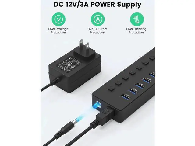Alt view image 6 of 7 - 11-Port Powered USB 3.0 Hub Splitter, 7 USB3.0 High-Speed Data Ports + 4 Smart Charging Ports, Independent On/Off Switches with 12V Power Adapter, USB Expander Compatible with MacBook, Mac, PC & Lapto