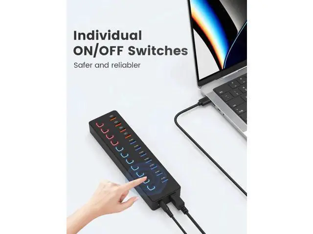 Alt view image 7 of 7 - 11-Port Powered USB 3.0 Hub Splitter, 7 USB3.0 High-Speed Data Ports + 4 Smart Charging Ports, Independent On/Off Switches with 12V Power Adapter, USB Expander Compatible with MacBook, Mac, PC & Lapto