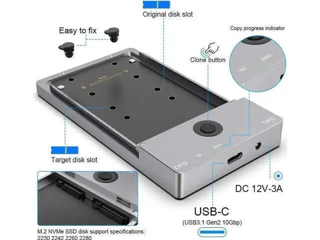 Alt view image 4 of 7 - Dual-Bay M.2 NVMe SSD Docking Station with Offline Clone Duplicator, 10Gbps USB-C & USB-A Interface, M-Key NVMe Enclosure Supports 2230/2242/2260/2280 SSDs Up to 8TB Per Slot